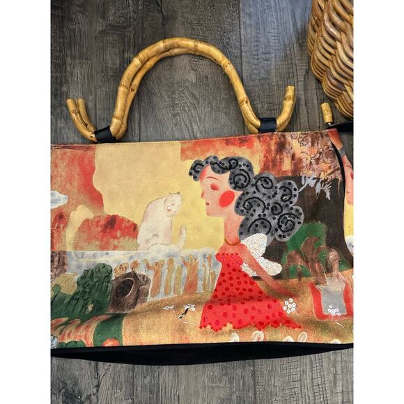 Chico's Women's Bamboo Handles White Cat Beaded Tote Handbag - Picture 6 of 9